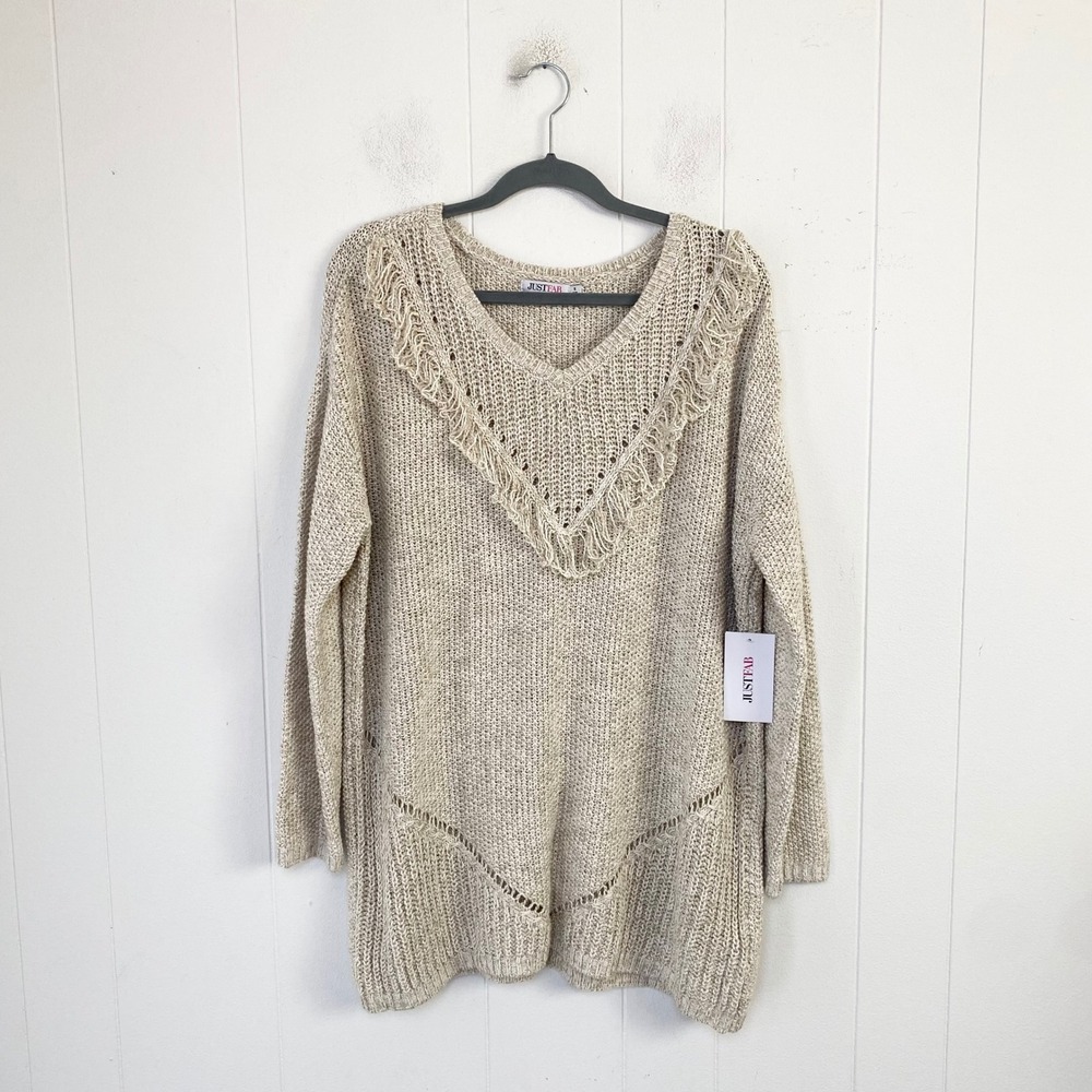 NWT JustFab Beige Marl V-Neck Fringe Trim Pointelle Knit Sweater Tunic Size 1XL